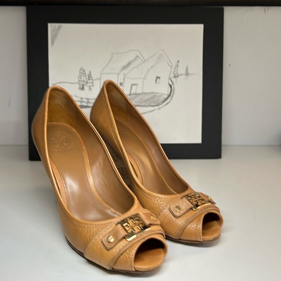 Tory Burch Carnell Royal Tan Leather Peep Toe Cork Wedge Women’s Size 10 M - Picture 2 of 15